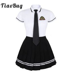 TiaoBug Japanese School Girl Uniform Suit White Short Sleeve Tshirt Top Pleated Skirt Cosplay Korean Girls Student Costume Set 240301
