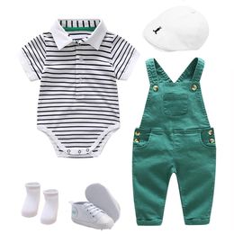 Boys Summer Hat Suit Baby Clothes Set Cotton Cap Striped Romper Green Jumper Shoes Socks Casual Children Birthday Outfit 240312