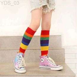 Kids Socks Girls long tube socks spring and autumn Colour Korean version striped childrens pile socks rainbow socks baby over knee socks YQ240314