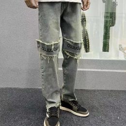 Men's Jeans Trousers Retro Straight Patch Cropped Man Cowboy Pants Black Korean Fashion Casual Denim 2024 Trend Spring Autumn Xs