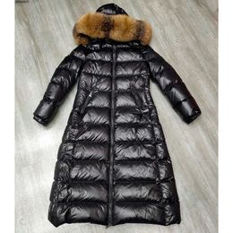 Womens Fur Collar Down Jacket Mid-length Slim Puffer Jackets Epaulette Decoration White Duck Filling Quality Outerwear Designer Overcoat Fluffy Long Coat Gqx6