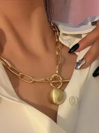 Trendy 14k Yellow Gold Chain Necklace for Women Statement Big Ball Pendant Necklace Jewelry