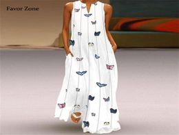 Bohemian Summer Butterfly Print Long Dress Women Casual Loose Sleeveless Pocket Boho Style Maxi Beach Dress Plus Size Sundress3681935