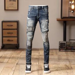 Erkek kot pantolon yüksek sokak moda erkekler retro yıkanmış mavi streç ince fit yırtık yamalı tasarımcı hip hop denim punk pantolon