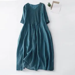 Casual Dresses Loose Cut Pleated Dress Double-layered V Neck Summer With Short Sleeves A-line Retro Style Soft For Women