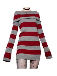 Casual Dresses Women Y2K Knit Mini Dress Striped Long Sleeve Off Shoulder Bodycon Short Sweater Trendy Night Club Streetwear