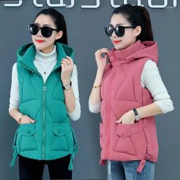 Women's Vests 2024 Fashion Autumn Winter Short Cotton Vest Hooded Women Jacket Sleeveless Coat Warm Ladies Waistcoat