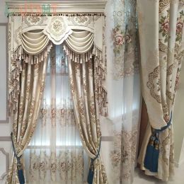 Curtains Luxury Curtains for Living Dining Room Bedroom Beige European 4D Embossed Embroidered Curtains High Shading Window Valance