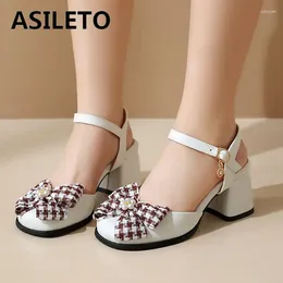 Dress Shoes ASILETO 2024 Summer Girls Sweet Sandlas Round Toe Block Heels 6cm Buckle Strap Bowknot Big Size 43 Soft Students Daily