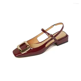 Sandals Ladies Women's Thick Heels Shoes High 3.5cm Elastic Band Patent Leather Metal Buckle Square Toes Wedding Party