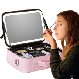 2024 Smart LED Makeup Bag With Mirror Compartments Waterproof PU Leather Travel Cosmetic Case For Women 240229