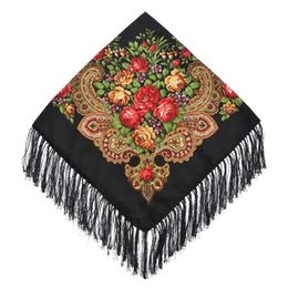 90 90cm Women Retro Floral Pattern Russian Scarf National Wind Fringed Square Scarves Hijab Female Winter Head Wrap Travel Shawl248g