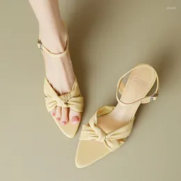 Sandals Light Yellow Leather Women Pointed Toe Cross Strap Knot Summer Shoes Chic High Heels Lady Silver Sandalias Femininos