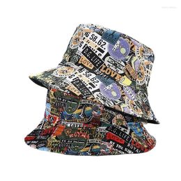 Berets 2024 Reversible Bucket Hats Women Men Fashion Graffiti Sun Hat Panama Summer Outdoor Hip Hop Fisherman Caps Cotton Sunscreen