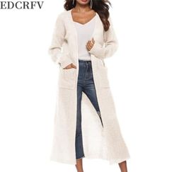 Womens Long Sleeve Open Front Cardigan Maxi Long Side Split Solid Colour Knitted Sweater Irregular Slim Coat with Large Pockets Y202745660