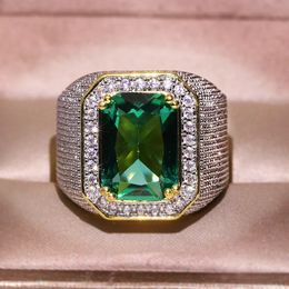 14K Yellow Gold Ring for Men Pure Natural Emerald Gemstone Bizuteria Jewellery Invisible Setting Square Engagement 14K Gold Rings 240228