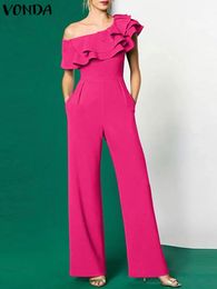 VONDA Elegant Women Office Jumpsuits Long Rompers Summer Casual Solid Color Ruffled Off Shoulder Sexy Streetwear Overalls 240307