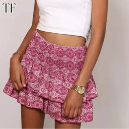 Summer Floral Pleated Skirt Womens Vintage Ruffle Print Pink Skirt Fashion Y2k Short Skirts Leisure Vacation Bohemian Miniskirt 240314