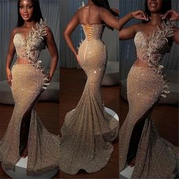 Mermaid Prom 2024 Dresses Sparkly Sequins Illusion Bodice Beaded Applique High Split Custom Made Pleats Evening Gown Formal Ocn Wear Vestidos Plus Size