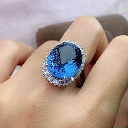 Jewellery 925 silver light luxury ring daily wear 12x16mm100 natural London blue topaz stone sterling gem 240229