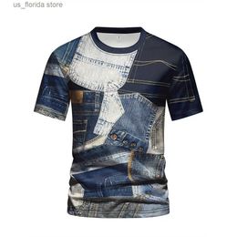 Men's T-Shirts Denim Pattern Mens T Shirt Summrt Short Slve O-Neck Pullover Fashion Strt Sportwear Oversized Casual Male Clothing Camisa Y240314