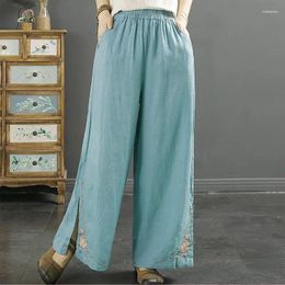 Women's Pants Spring Summer Ethnic Style Literary Vintage Embroidery Wide Leg Women Cotton Linen Loose Casual All-match Slit Trousers