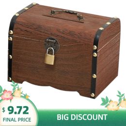 Boxes Solid Wood Free Standing Saving Pot Vintage Storage Money Box Toy Kids With Lock Large Capacity Gifts Home Decor Piggy Bank