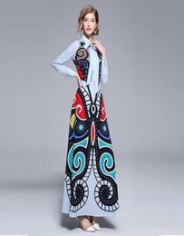 Spring Summer Runway Dress Vestidos Mexican Women Elegant Long Sleeve Vintage Geometric Print Belt Pleated Maxi 2105256772627