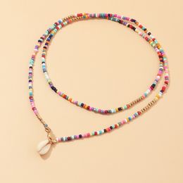 Summer Bohemian Colorful Rice Bead Necklace Double Layer Shell Pendant Necklace for Women Fashion Jewelry