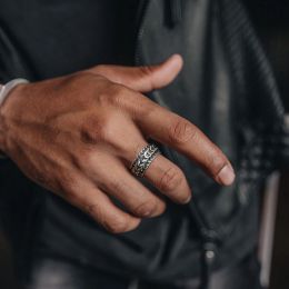 Rock Punk Viking Dragon Carved Surface Rings for Men Jewelry,Vintage 14K White Gold Finger Bands