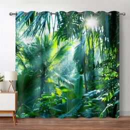 Curtains Forest Jungle Tree Natural Scenery Landscape Thin Window Shading Curtains For Living Room Kitchen Bedroom Waterfall 2pcs Decor