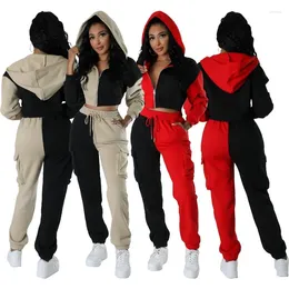 Women's Two Piece Pants Color Patchwork Fleece 2 Set Women Tracksuits Long Sleeve Zipper Hooded Sweatshirts Crop Top Cargo Jogger Suits