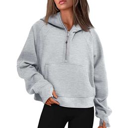 Lulu-43 Sonbahar Kış Yoga Takım Tüp Hoodie Yarım Zip Kadın Sweater Gevşek Spor Salonu Ceket Fitness Kısa Peluş Coat Sweatshirt 9977ess