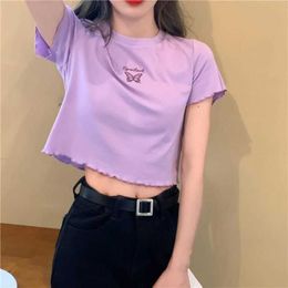 New 2024 Summer High Waist Naked Short T-shirt for Women Slim Fit and Slimming Versatile Butterfly Embroidered Short Sleeve Top for Women
