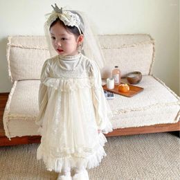 Girl Dresses Autumn And Winter Velvet Dress Puffed Sleeve Pearl Birthday Flower Princess Undershirt Hair Hoop Three Piece Set