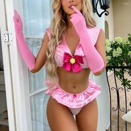 Bras Sets SexeLakas Cosplay Costume Women Sexy Pink Transparent Underwear Bowknot See Through Lingerie Fancy Bra And Panty Suit Sensual
