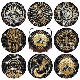 Stitch 8Pcs DIY Diamonds Painting Coaster Nonslip Tarot Art Mosaic Cup Cushion with Rack Diamond Rhinestones Paintings Decor Gift