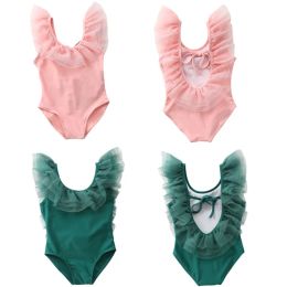 Swimwear Happyflute Kids Lace Style OnePiece Plain Colour Swimsuit Baby Girl's Cute Baby Polyester Princess Swimming Dress