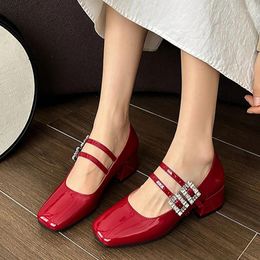 Dress Shoes Crystal Mary Janes Women High Heels Lolita Luxury 2024 Summer Square Toe Chunky Pumps Femme Zapatos