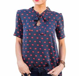 Large Size 3XL 2021 Summer Women Chiffon Red Lips Print Blouse Shirt V Neck Short Sleeve Bow Tie Casual Black White Blouses Tops W4303677