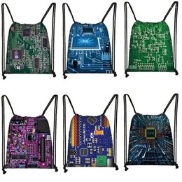 Drawstring Electronic Chip Print Bag Woman Travel Shopping Foldable Storage Children's Backpack Portable School
