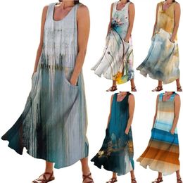 Casual Dresses Womens Geometric Print Dress Cuffless Pocket Long Vest V Neck Summer For Women Elegant Ladies Chic Maxi