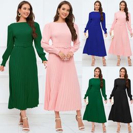 2024 Autumn/winter New Round Neck Bubble Long Sleeve Pleated A-line Skirt Mid Length Slim Fit Dress