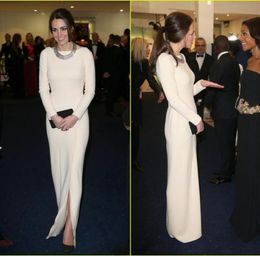 Kate Middleton Original Celebrity Dresses Red Carpet Dresses Crew Sheath White Satin Floor Length Evening Dresses Long Sleeve Fron2265131
