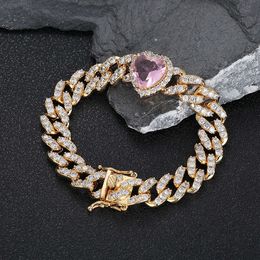 Jewellery 10mm Pink Zircon Accessories Hip Hop Peach Heart Cuban Chain Women's Bracelet