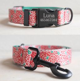 Sets Personalised Dog collar and Leash set Big Dog Collar Name Tag Custom Small Medium Large Dog Collar Luxury Floral Lead Rope Nylon