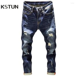 Męskie dżinsy męskie rozryte Slim Fit Darke Blue Spring Autumn Zniszczona Stylowa Moto Biker Denim Pants Men Hip Hop Streetwear