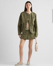 PRAD2024 Designer Brand Military green round neck jacket short pleated skirt women's jacket girl Shirt women's clothes Cotton shirt PRAD shirt Birthday Gift