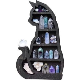 Racks New Wooden Crystal Display Shelf Black Cat Design Decorative Crystal Holder for Crystals Stones Essential Oil Multipurpose