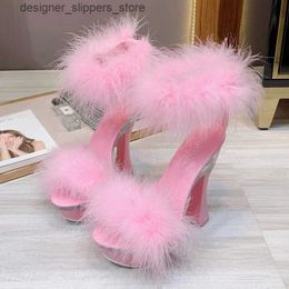 Dress Shoes 2021 New 4-color Feather Thick High Heels Platform Sandals Womens 14cm 17cm High Heels Womens Summer Hair Wedding Pump Shoes Q240314